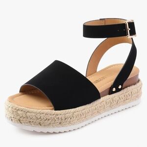 Black Espadrille Flatform Sandals with Adjustable Strap